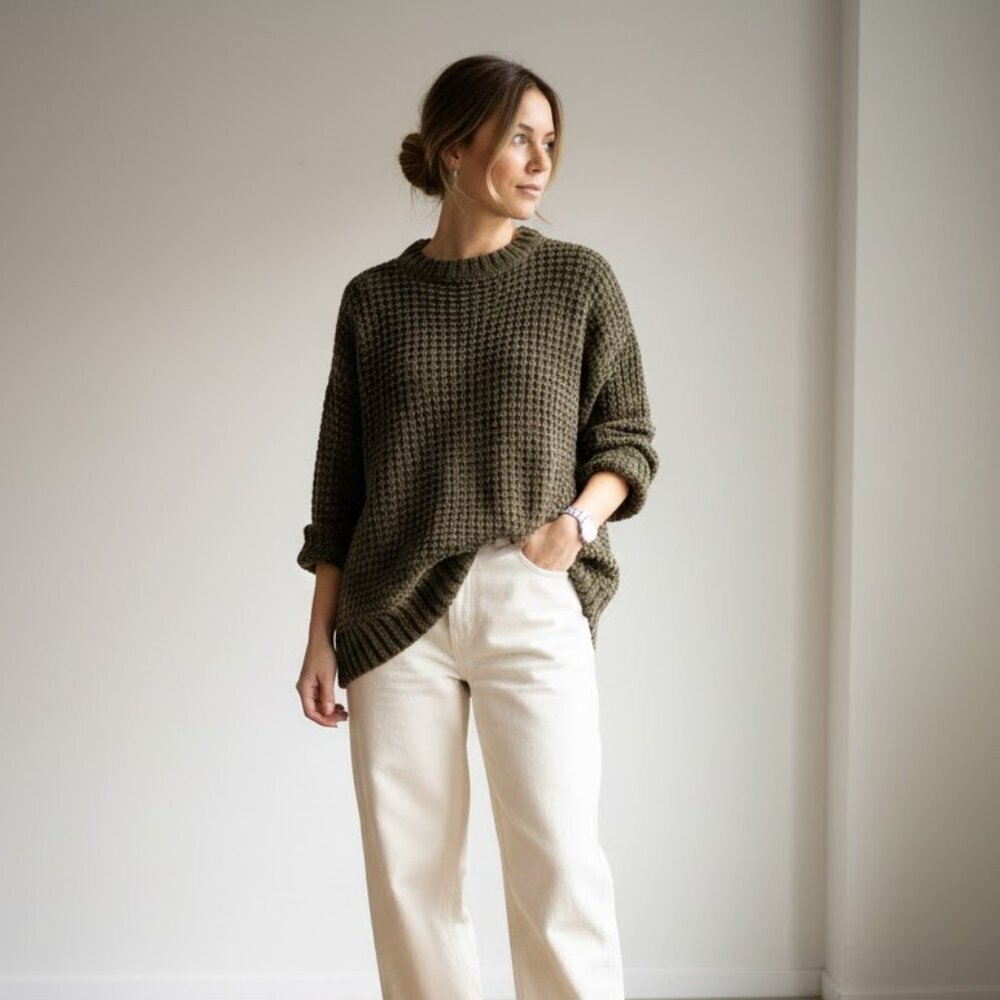 Olive Chenille Oversized Sweater | Cozy Minimalist Soft Knit Pullover | Size S